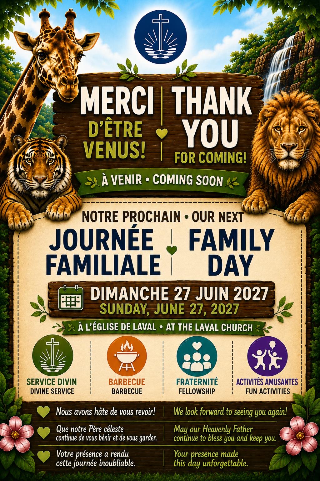 Merci d'être venus · Notre prochaine journée familiale · dimanche 27 juin 2027 · à l'église de Laval
